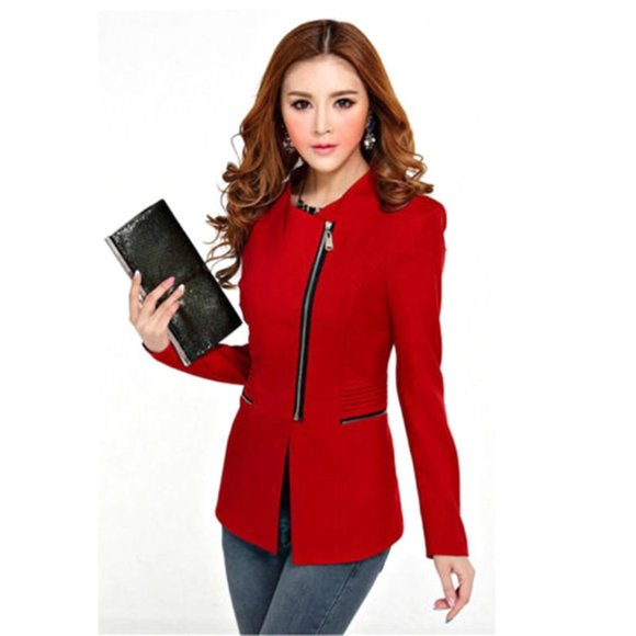 Slim Fit Candy Red Zipper Jacket Blazer Long - Picture 10 of 12
